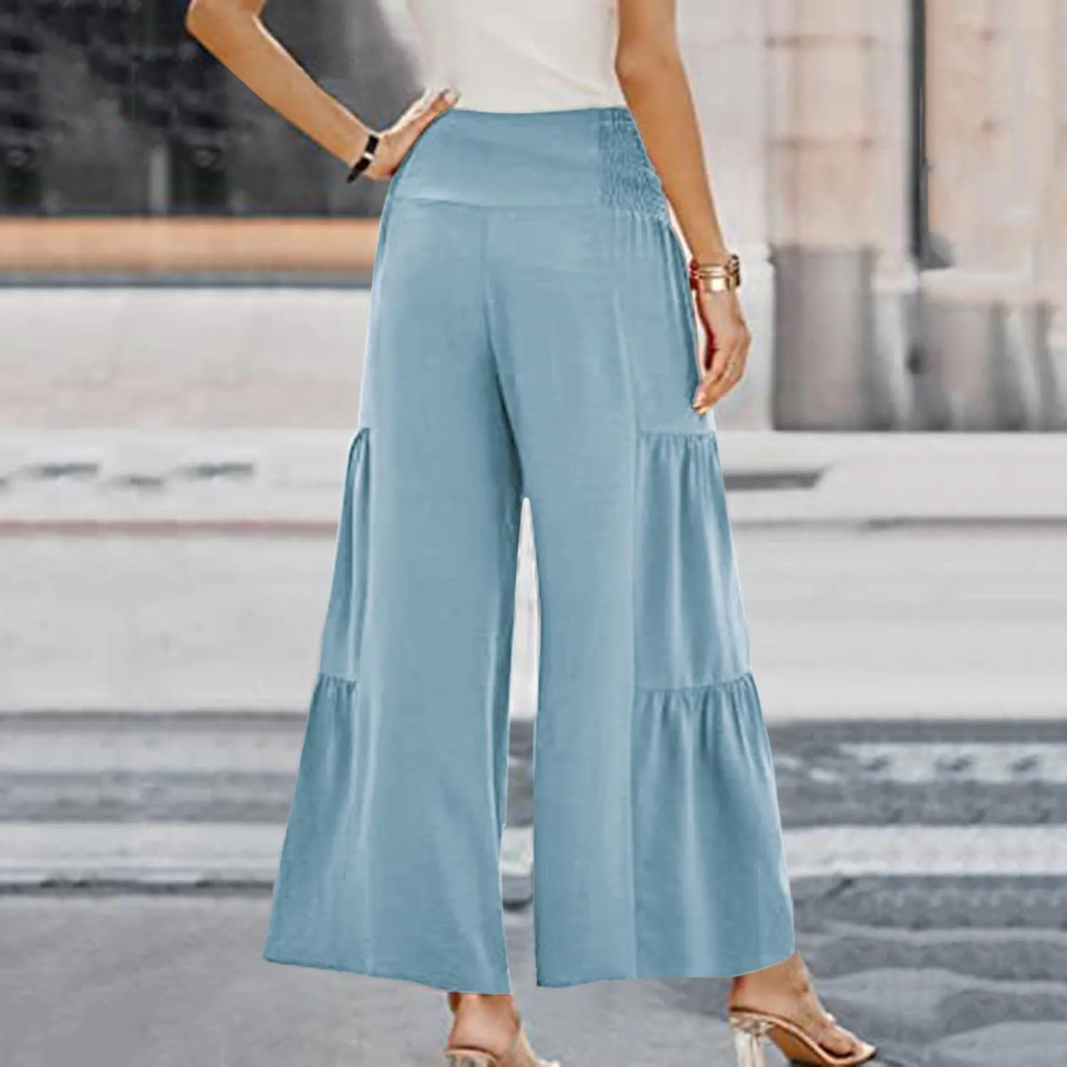 Linen Pants Women Summer Cotton Linen Wide Leg Long Pants with Pocket Solid Color Casual Women's Capris and Cropped