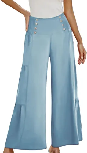 Linen Pants Women Summer Cotton Linen Wide Leg Long Pants with Pocket Solid Color Casual Women's Capris and Cropped