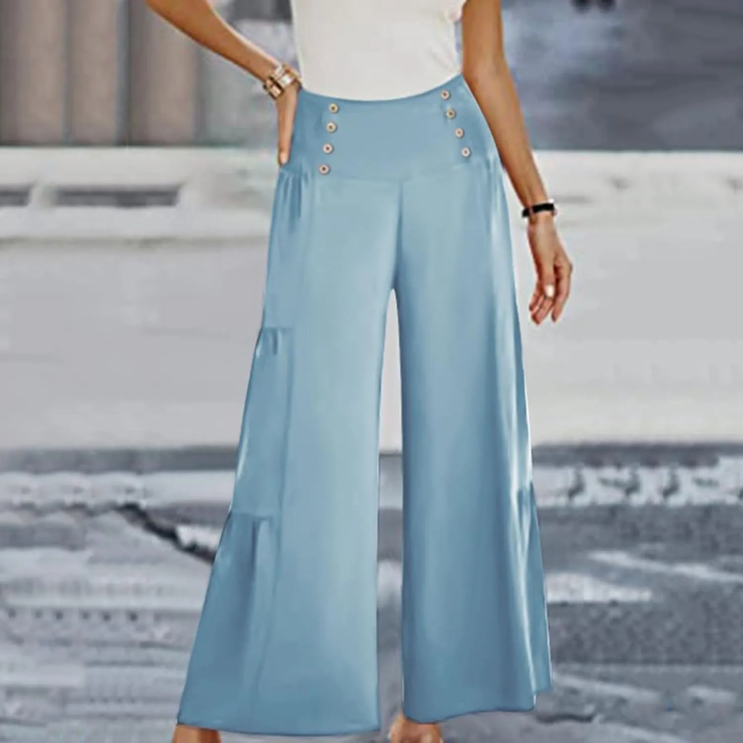 Linen Pants Women Summer Cotton Linen Wide Leg Long Pants with Pocket Solid Color Casual Women's Capris and Cropped