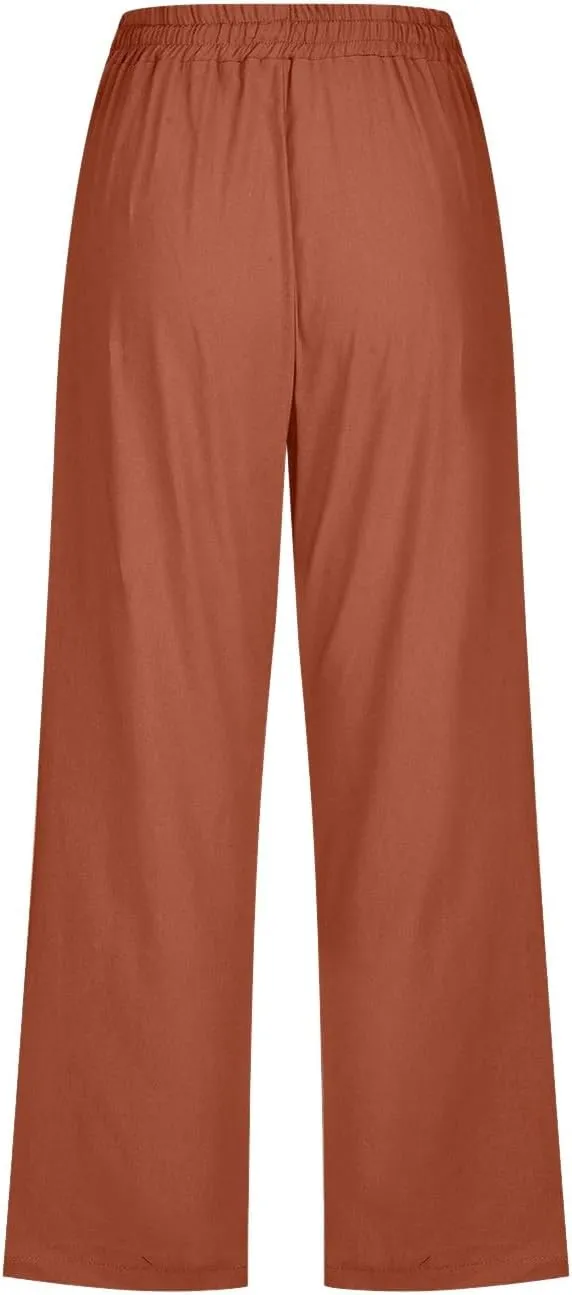Linen Pants Women Summer Pants Elastic Waist Baggy Pants Drawstring Trousers with Pockets Cropped Pants Women Linen