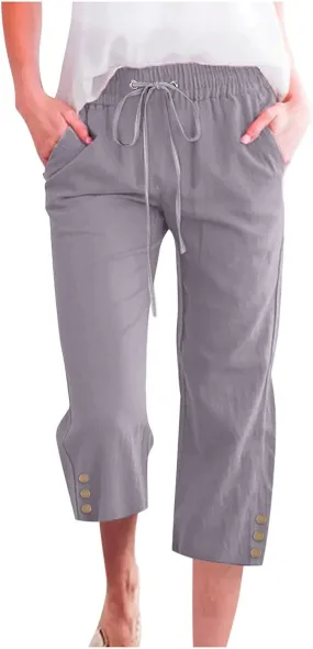 Linen Pants Women Summer Pants Elastic Waist Baggy Pants Drawstring Trousers with Pockets Cropped Pants Women Linen