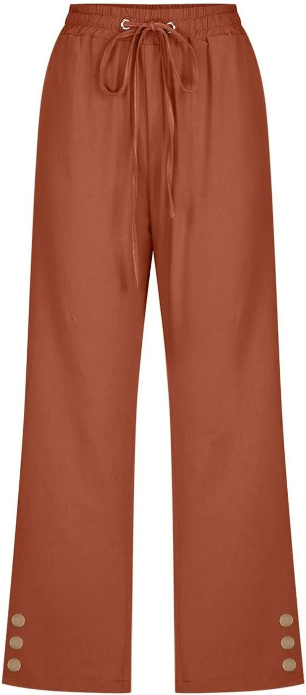 Linen Pants Women Summer Pants Elastic Waist Baggy Pants Drawstring Trousers with Pockets Cropped Pants Women Linen