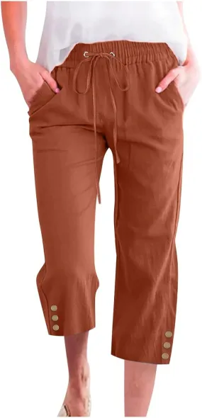 Linen Pants Women Summer Pants Elastic Waist Baggy Pants Drawstring Trousers with Pockets Cropped Pants Women Linen