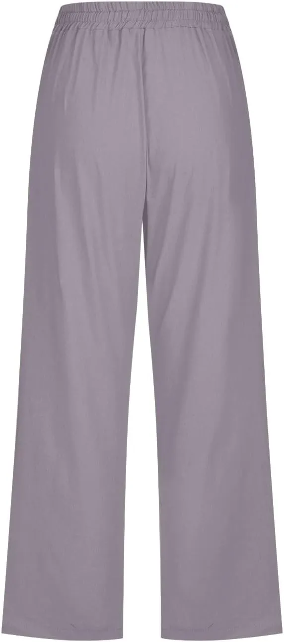 Linen Pants Women Summer Pants Elastic Waist Baggy Pants Drawstring Trousers with Pockets Cropped Pants Women Linen