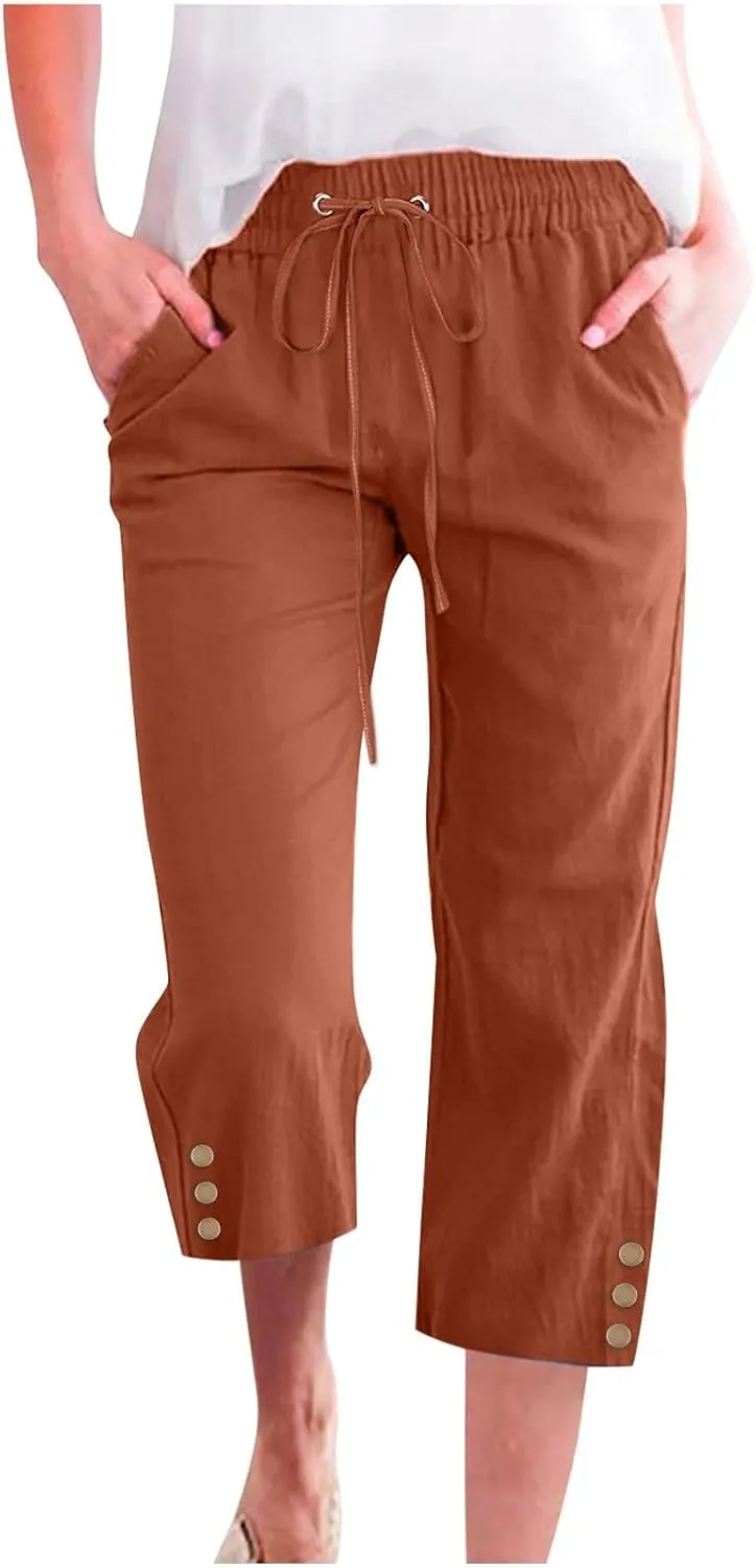 Linen Pants Women Summer Pants Elastic Waist Baggy Pants Drawstring Trousers with Pockets Cropped Pants Women Linen