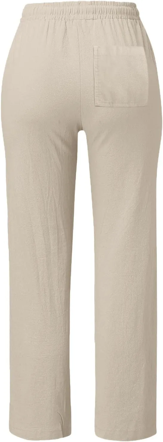 Linen Pants Women Summer Trousers Beach Pants Cotton Linen Pants for Women Wide Leg High Waist Lightweight Drawstring