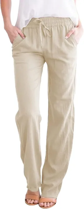 Linen Pants Women Summer Trousers Beach Pants Cotton Linen Pants for Women Wide Leg High Waist Lightweight Drawstring
