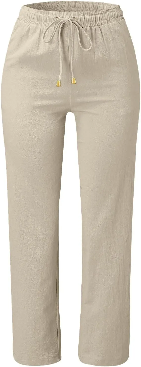 Linen Pants Women Summer Trousers Beach Pants Cotton Linen Pants for Women Wide Leg High Waist Lightweight Drawstring