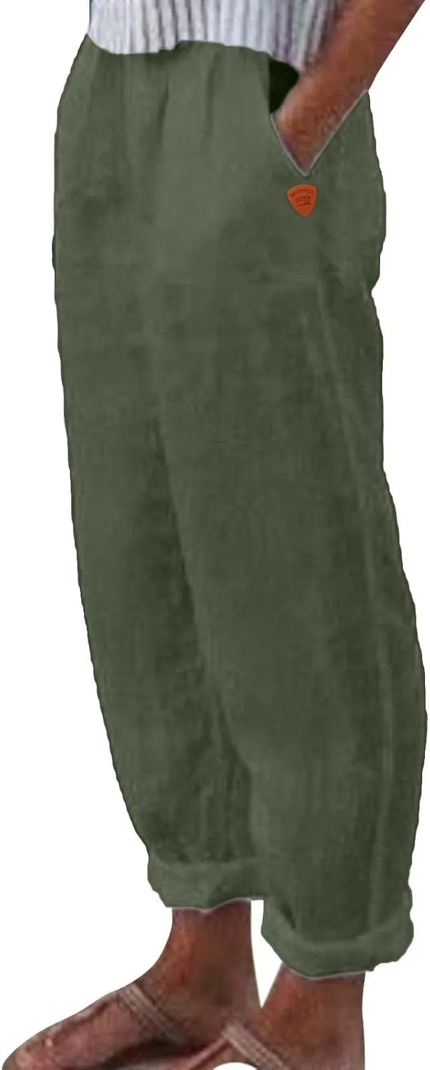 Linen Pants Women Summer Waist Cropped Trousers for Beach Casual Wear Women High Waisted Dress Pants Business Casual