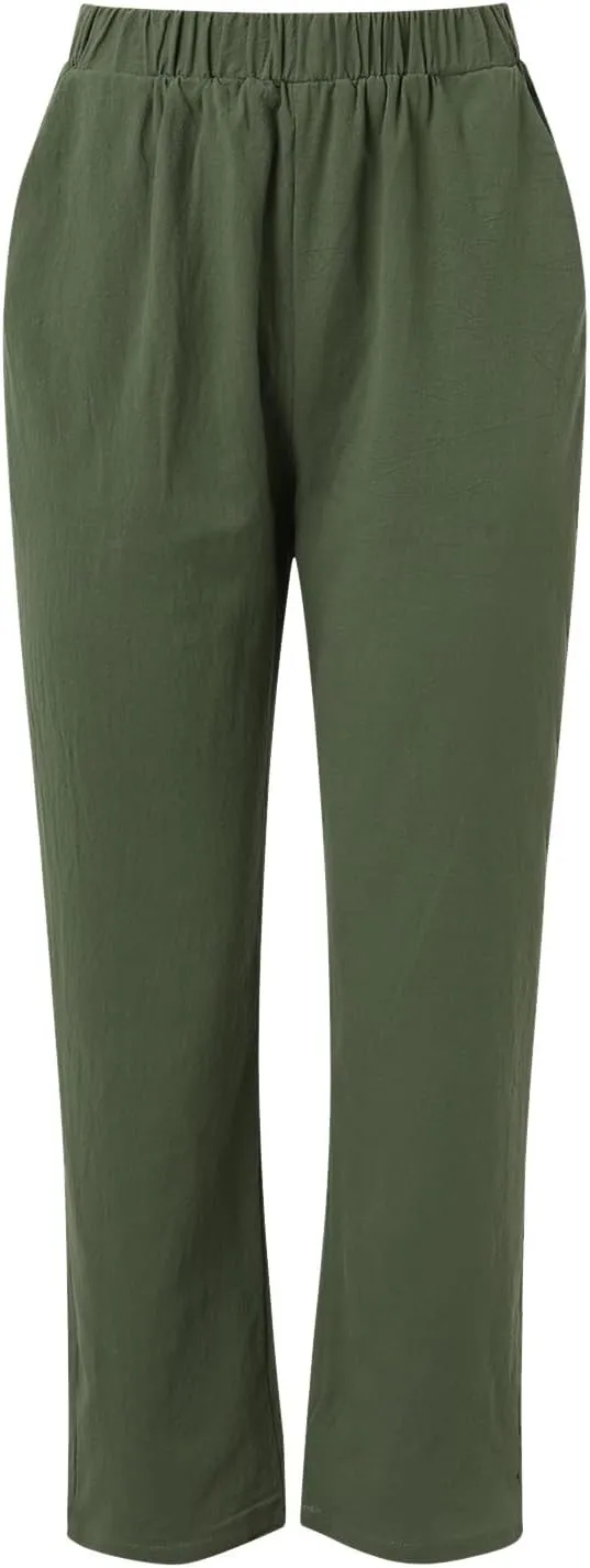 Linen Pants Women Summer Waist Cropped Trousers for Beach Casual Wear Women High Waisted Dress Pants Business Casual