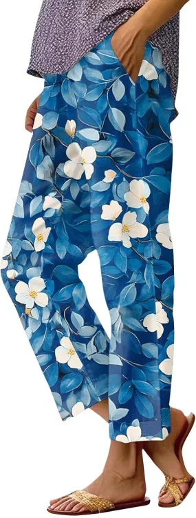 Linen Pants Women Summer Wide Leg Boho Straight High Waist Baggy Pants Elastic Waist with Pockets Trousers Floral Print