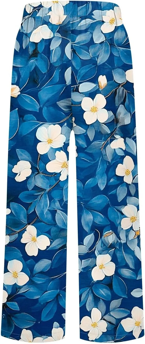 Linen Pants Women Summer Wide Leg Boho Straight High Waist Baggy Pants Elastic Waist with Pockets Trousers Floral Print