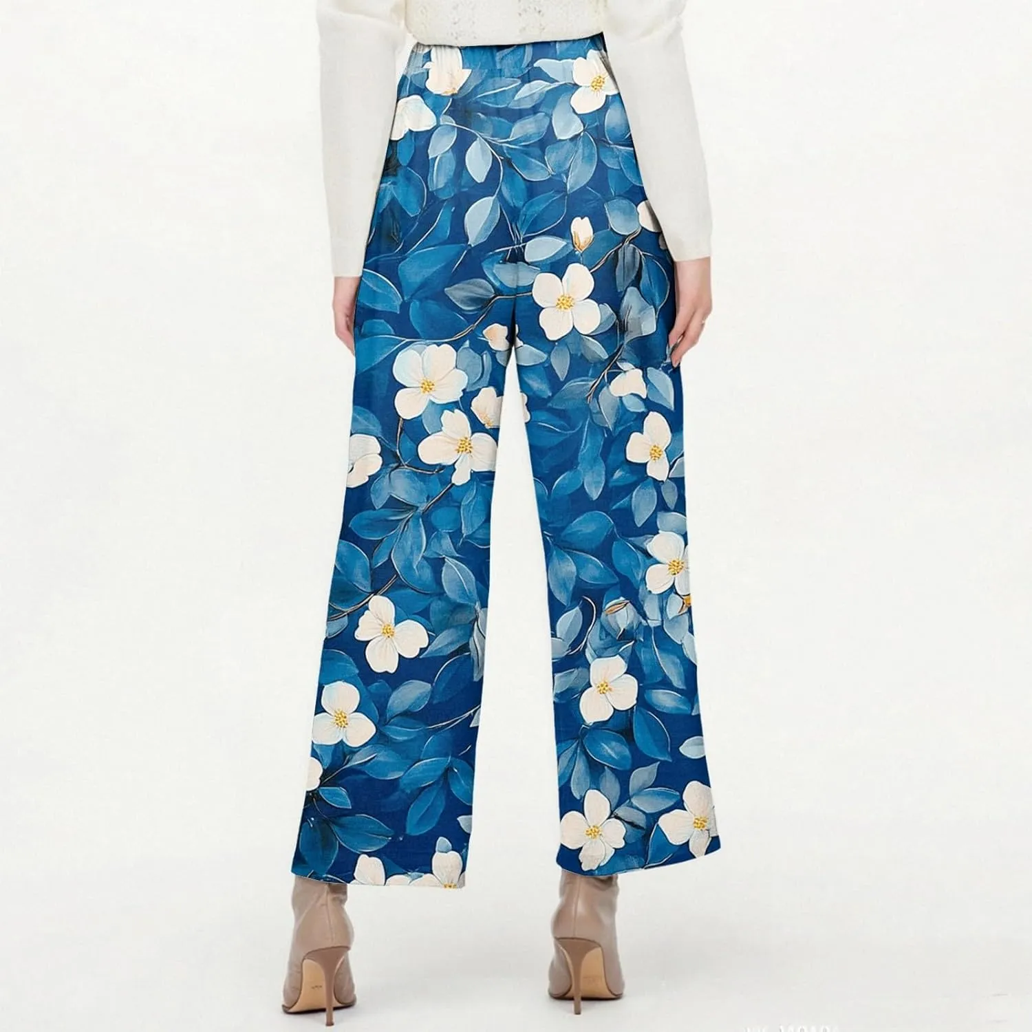 Linen Pants Women Summer Wide Leg Boho Straight High Waist Baggy Pants Elastic Waist with Pockets Trousers Floral Print