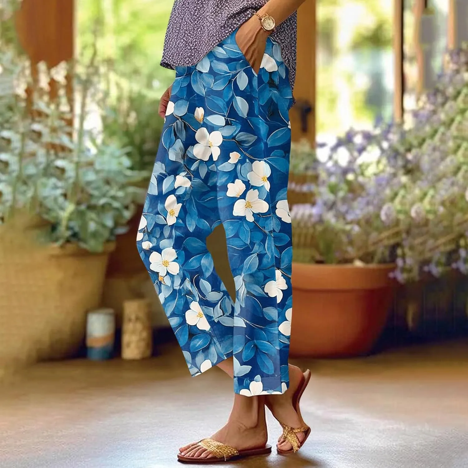 Linen Pants Women Summer Wide Leg Boho Straight High Waist Baggy Pants Elastic Waist with Pockets Trousers Floral Print