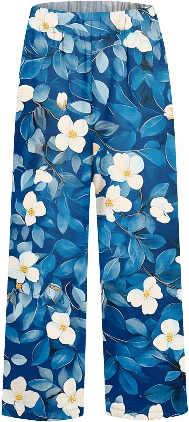 Linen Pants Women Summer Wide Leg Boho Straight High Waist Baggy Pants Elastic Waist with Pockets Trousers Floral Print