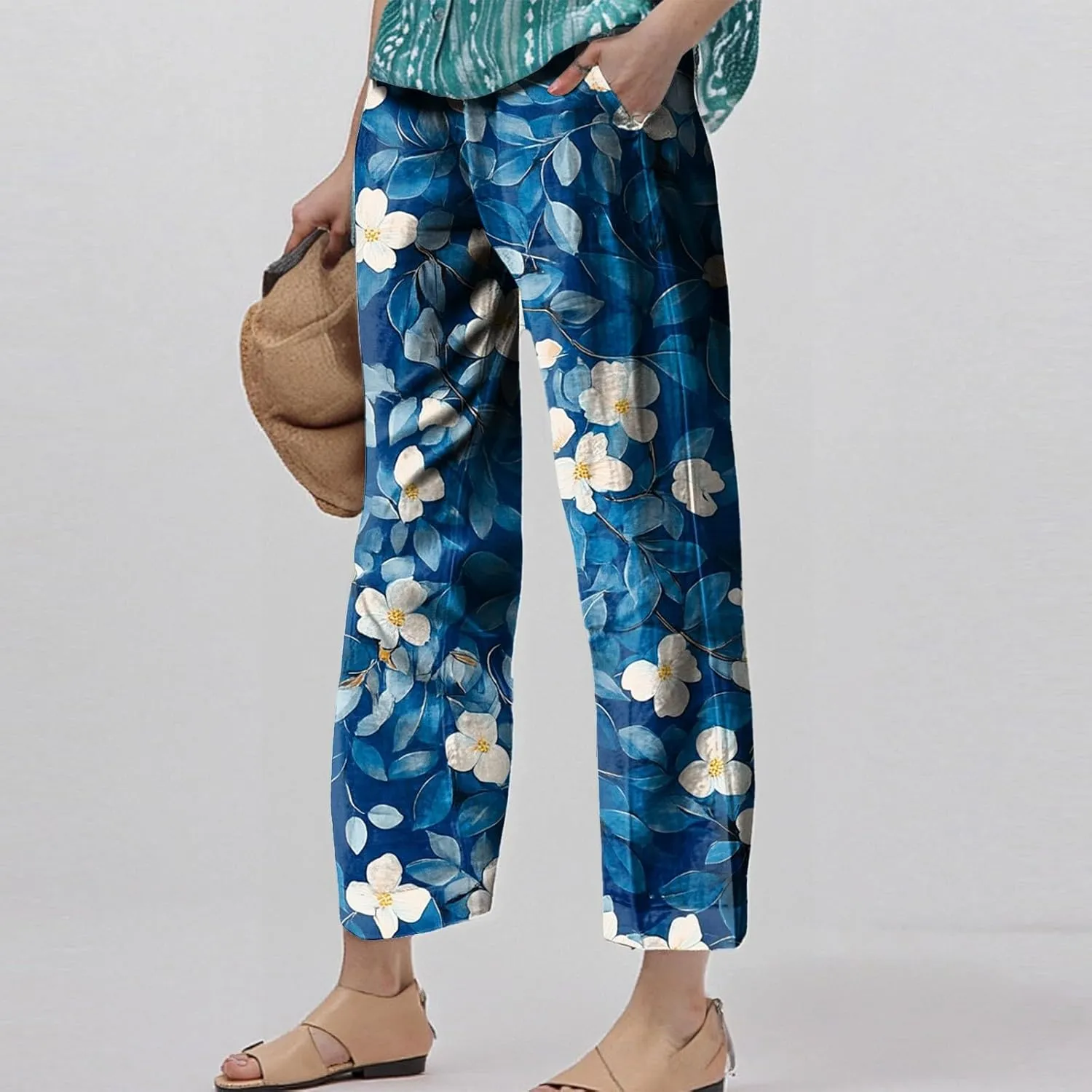Linen Pants Women Summer Wide Leg Boho Straight High Waist Baggy Pants Elastic Waist with Pockets Trousers Floral Print