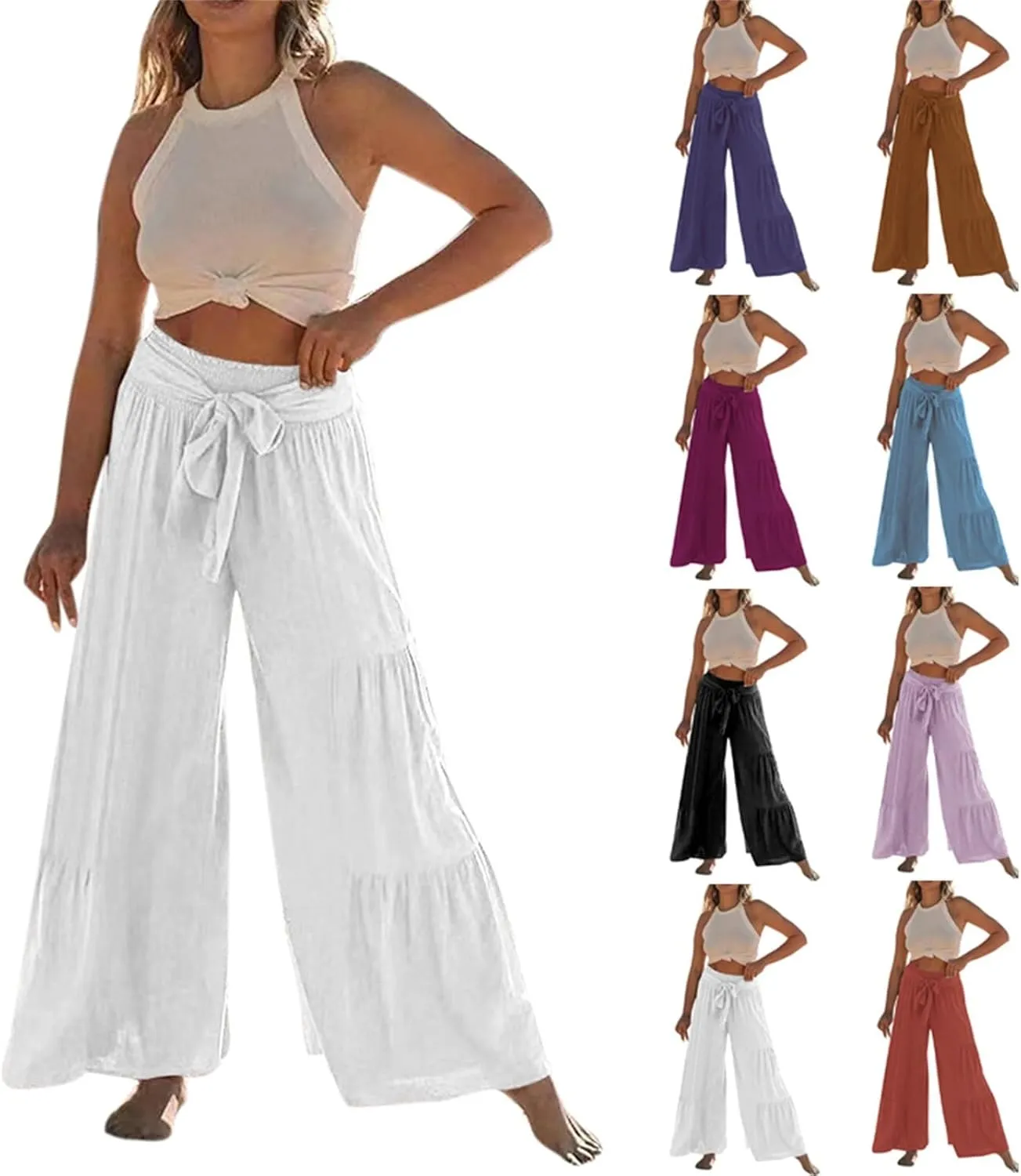 Linen Pants Women Summer Wide Leg Palazzo Pants Boho Loose Fit Casual Flowy Lounge Trousers Women Casual Linen Pants
