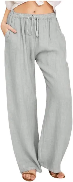 Linen Pants Women Summer Wide Leg Pants Drawstring Elastic Waist Pants High Waisted Lounge Pants Casual Beach Trousers
