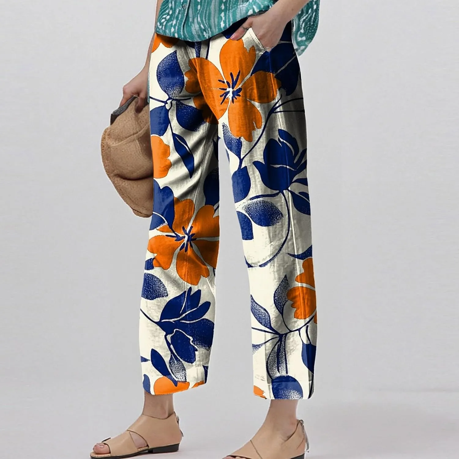 Linen Pants Women Summer Wide Leg Straight High Waist Pants Trendy Elastic Waist Comfy with Pockets Trouser Floral Print