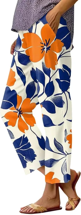 Linen Pants Women Summer Wide Leg Straight High Waist Pants Trendy Elastic Waist Comfy with Pockets Trouser Floral Print