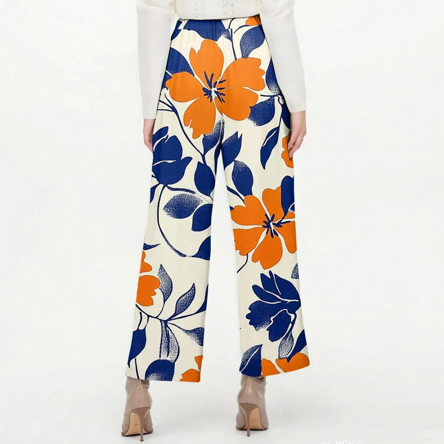 Linen Pants Women Summer Wide Leg Straight High Waist Pants Trendy Elastic Waist Comfy with Pockets Trouser Floral Print