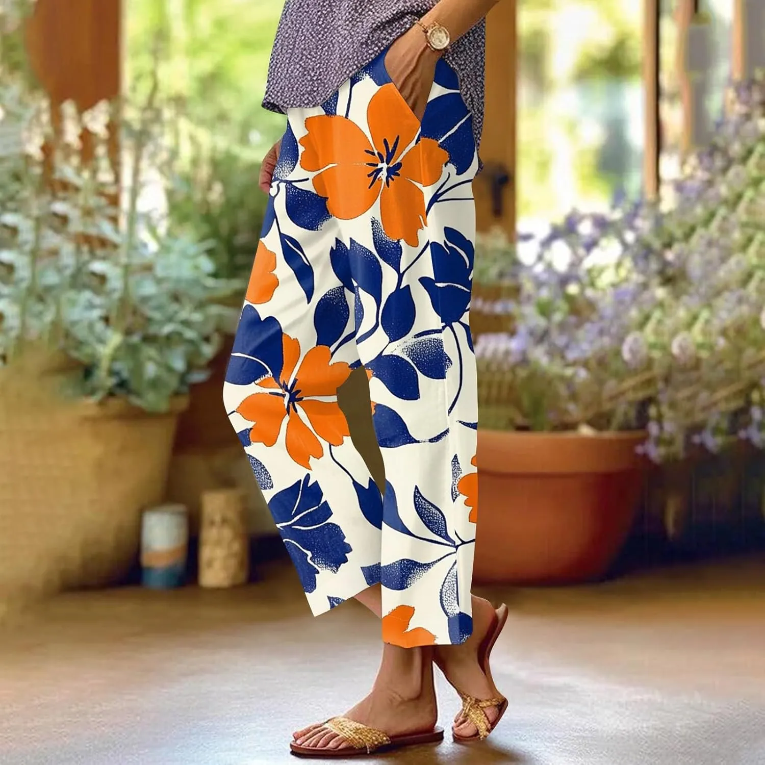 Linen Pants Women Summer Wide Leg Straight High Waist Pants Trendy Elastic Waist Comfy with Pockets Trouser Floral Print