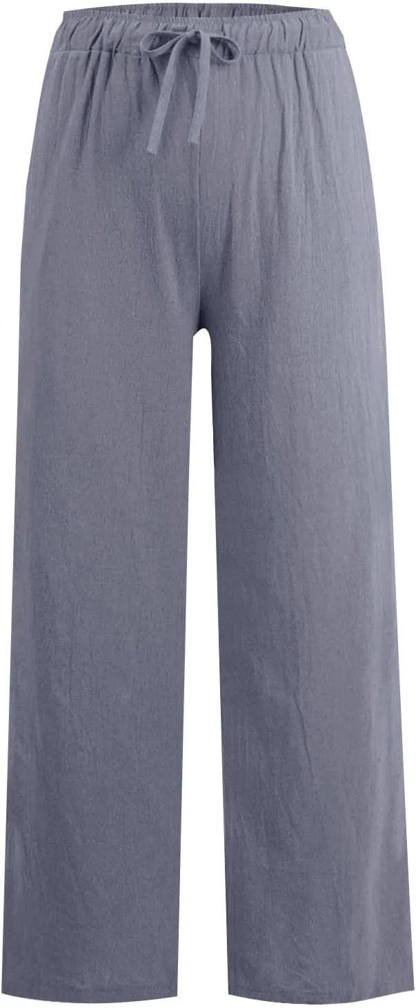 Linen Pants Women Wide Leg Yoga Pants with Pockets Elastic High Waisted Summer Casual Palazzo Pants Flowy Beach Pants