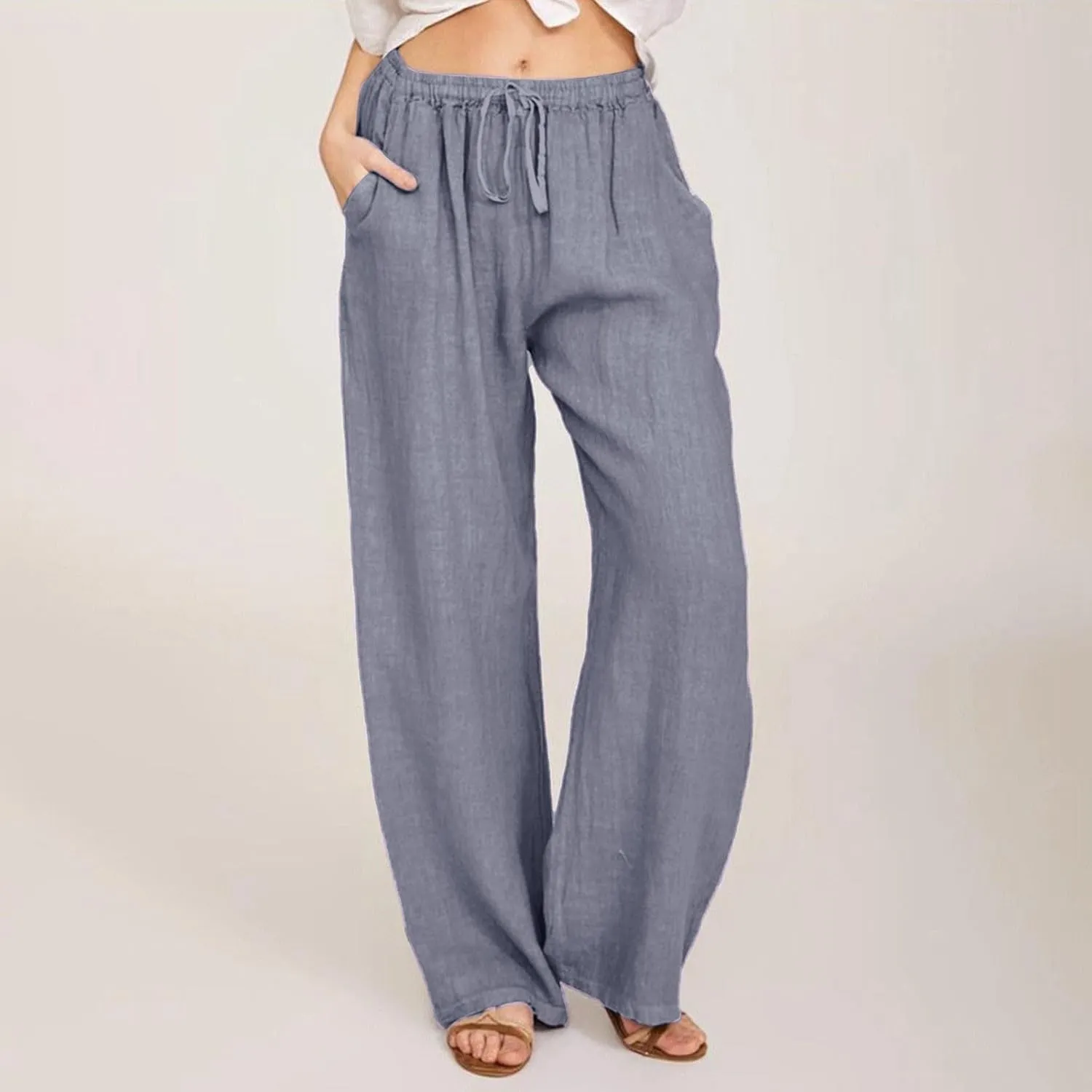 Linen Pants Women Wide Leg Yoga Pants with Pockets Elastic High Waisted Summer Casual Palazzo Pants Flowy Beach Pants