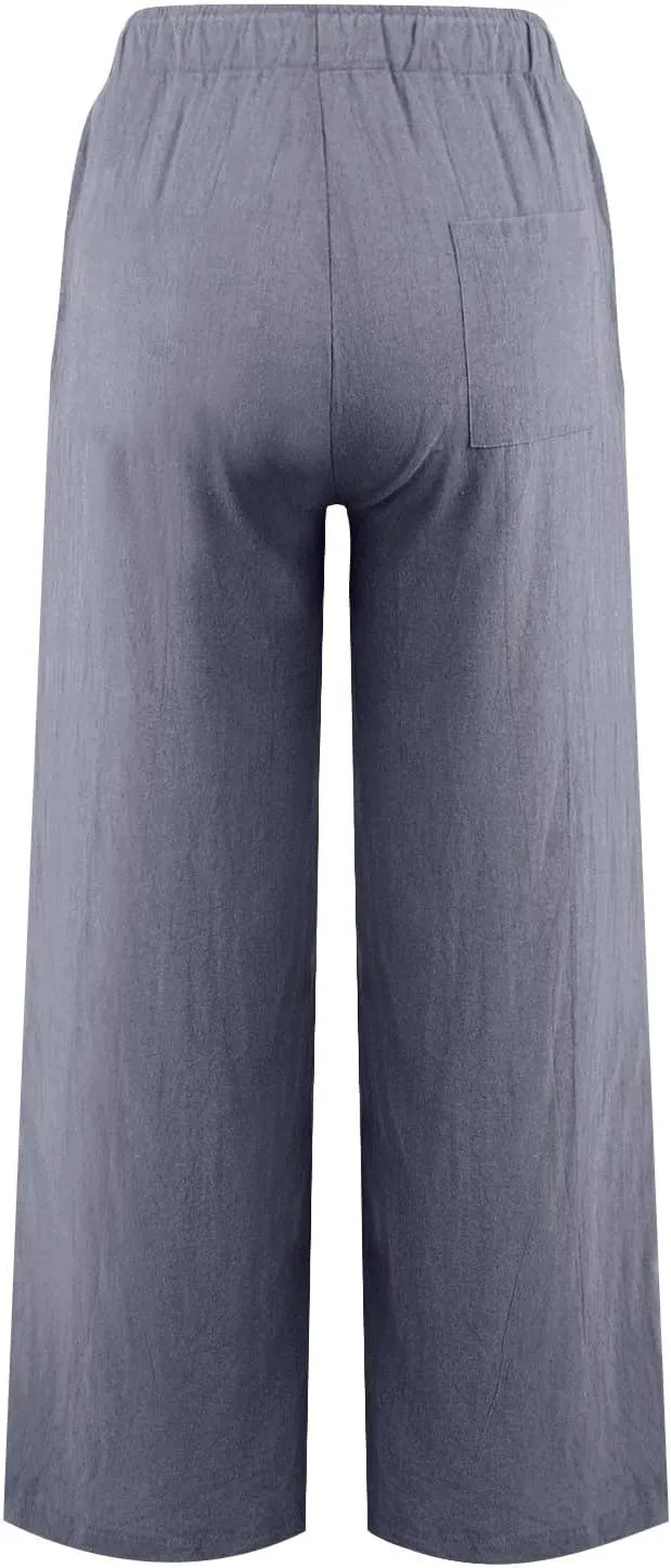 Linen Pants Women Wide Leg Yoga Pants with Pockets Elastic High Waisted Summer Casual Palazzo Pants Flowy Beach Pants
