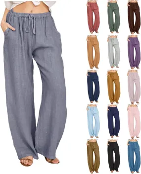 Linen Pants Women Wide Leg Yoga Pants with Pockets Elastic High Waisted Summer Casual Palazzo Pants Flowy Beach Pants