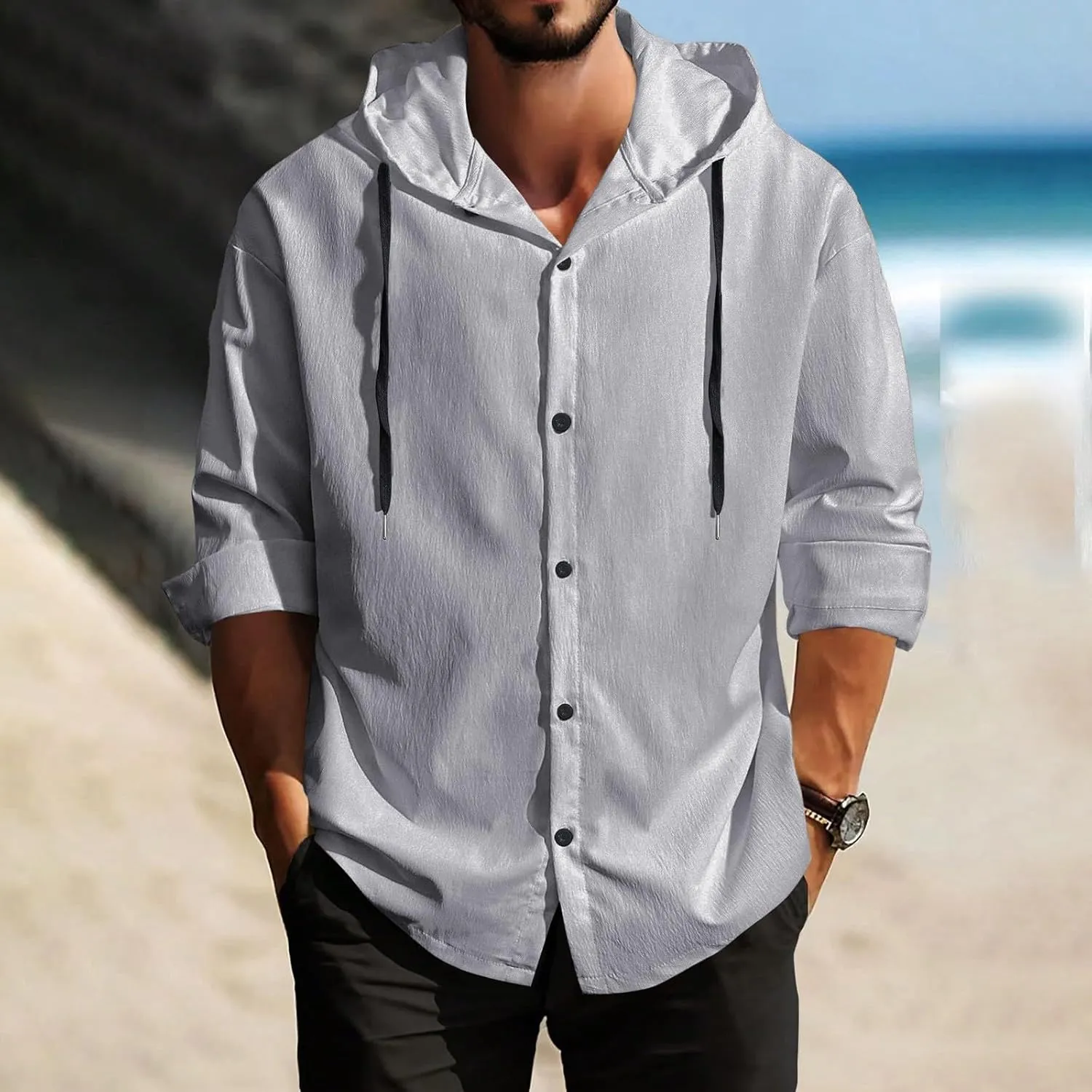 Linen Shirts for Men 3/4 Roll-Up Sleeve Cuban Guayabera Shirt with Hooded Lightweight Casual Button Down Beach Tee Top