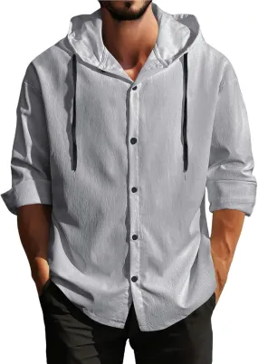 Linen Shirts for Men 3/4 Roll-Up Sleeve Cuban Guayabera Shirt with Hooded Lightweight Casual Button Down Beach Tee Top