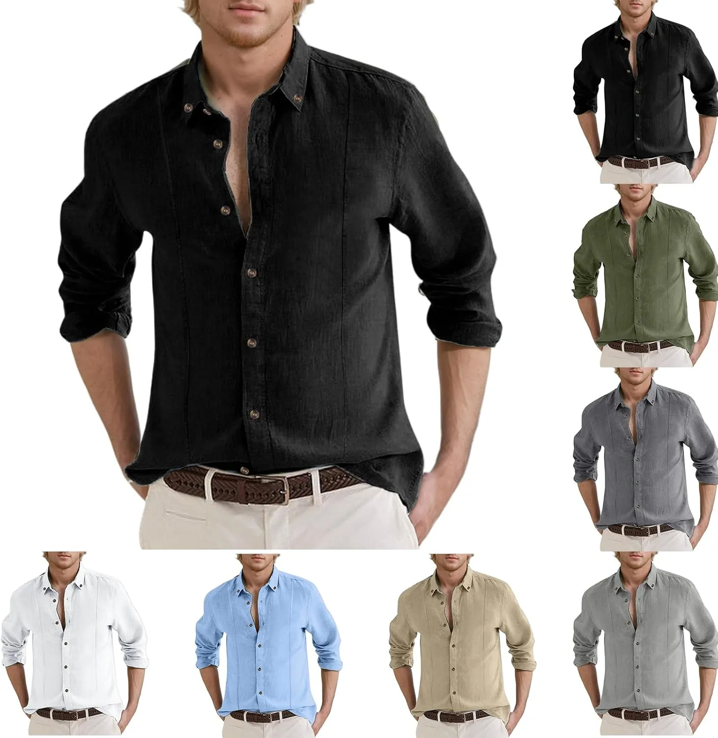 Linen Shirts for Men Big and Tall Vacation Beach Summer Shirt Casual Long Sleeve V Neck Fashion Button Down Solid Tops