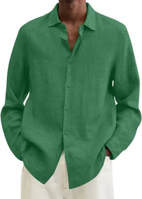 Linen Shirts for Men Long Sleeve Casual Button Down Tshirt Solid Spread Collar Summer Beach Vacation Hawaiian Hippie Tops