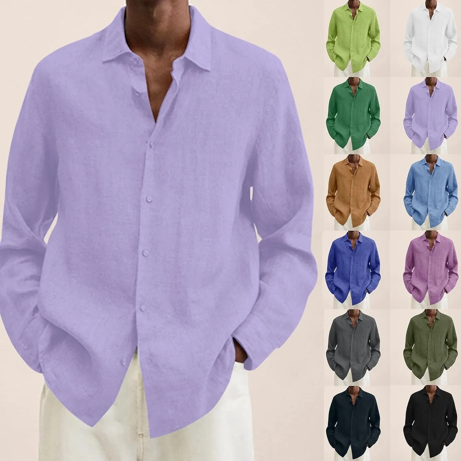 Linen Shirts for Men Long Sleeve Casual Button Down Tshirt Solid Spread Collar Summer Beach Vacation Hawaiian Hippie Tops