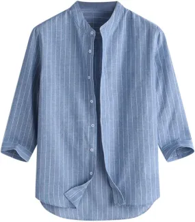Linen Shirts for Men Men's Casual Summer 3/4 Sleeve Stripped Button Down Shirts Henley Shirt Curved Hem Beach Shirts