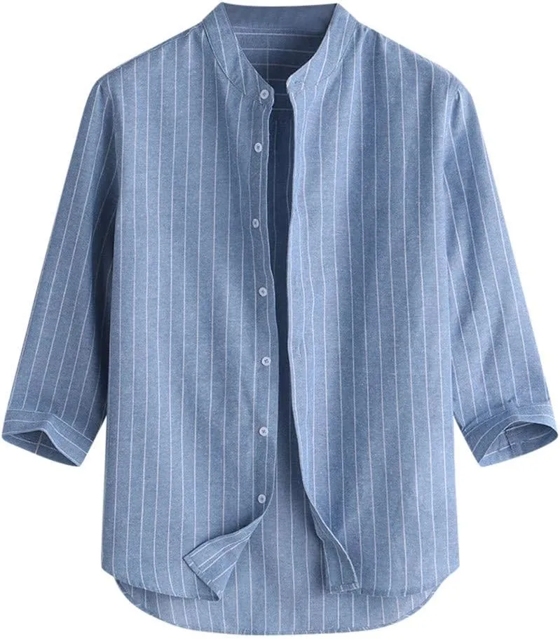 Linen Shirts for Men Men's Casual Summer 3/4 Sleeve Stripped Button Down Shirts Henley Shirt Curved Hem Beach Shirts