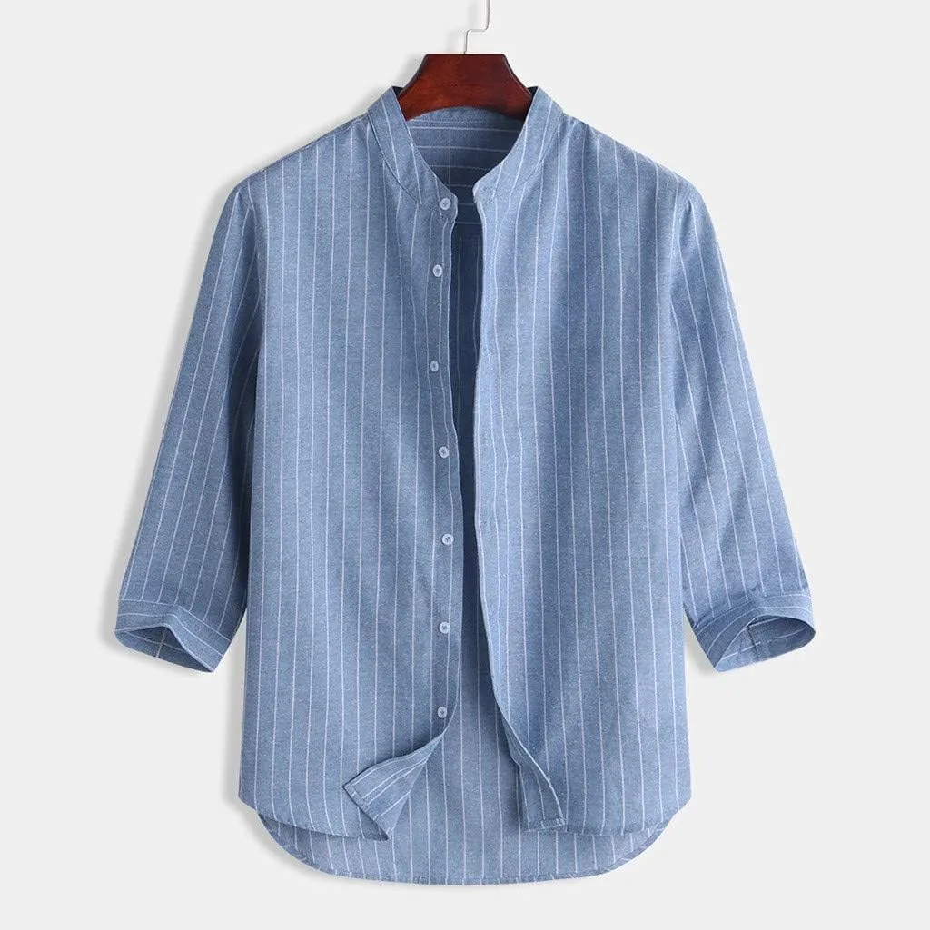 Linen Shirts for Men Men's Casual Summer 3/4 Sleeve Stripped Button Down Shirts Henley Shirt Curved Hem Beach Shirts