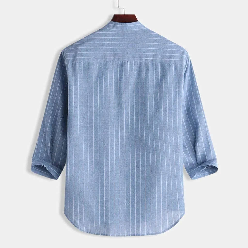 Linen Shirts for Men Men's Casual Summer 3/4 Sleeve Stripped Button Down Shirts Henley Shirt Curved Hem Beach Shirts