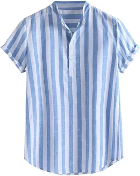 Linen Shirts for Men Men's Cotton Linen Henley Shirt Short Sleeve Button up V Neck Hippie Casual Beach T Shirt Blouses