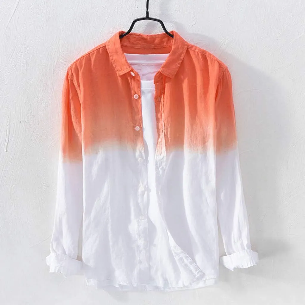 Linen Shirts for Men Men's Long Sleeve Summer Button Down Gradient Casual Hawaiian Holiday Beach Shirts Blouses Tops