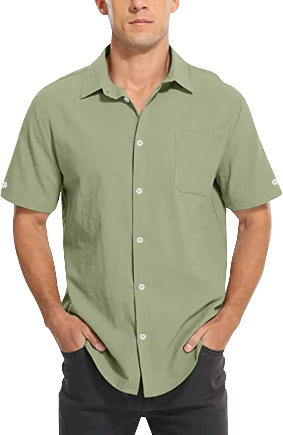 Linen Shirts for Men Men's Summer Casual Classice Short Sleeve Solid Button Down Shirts Dress Shirts with Pockets Top