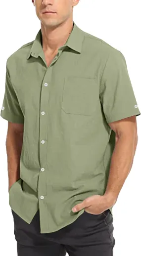 Linen Shirts for Men Men's Summer Casual Classice Short Sleeve Solid Button Down Shirts Dress Shirts with Pockets Top