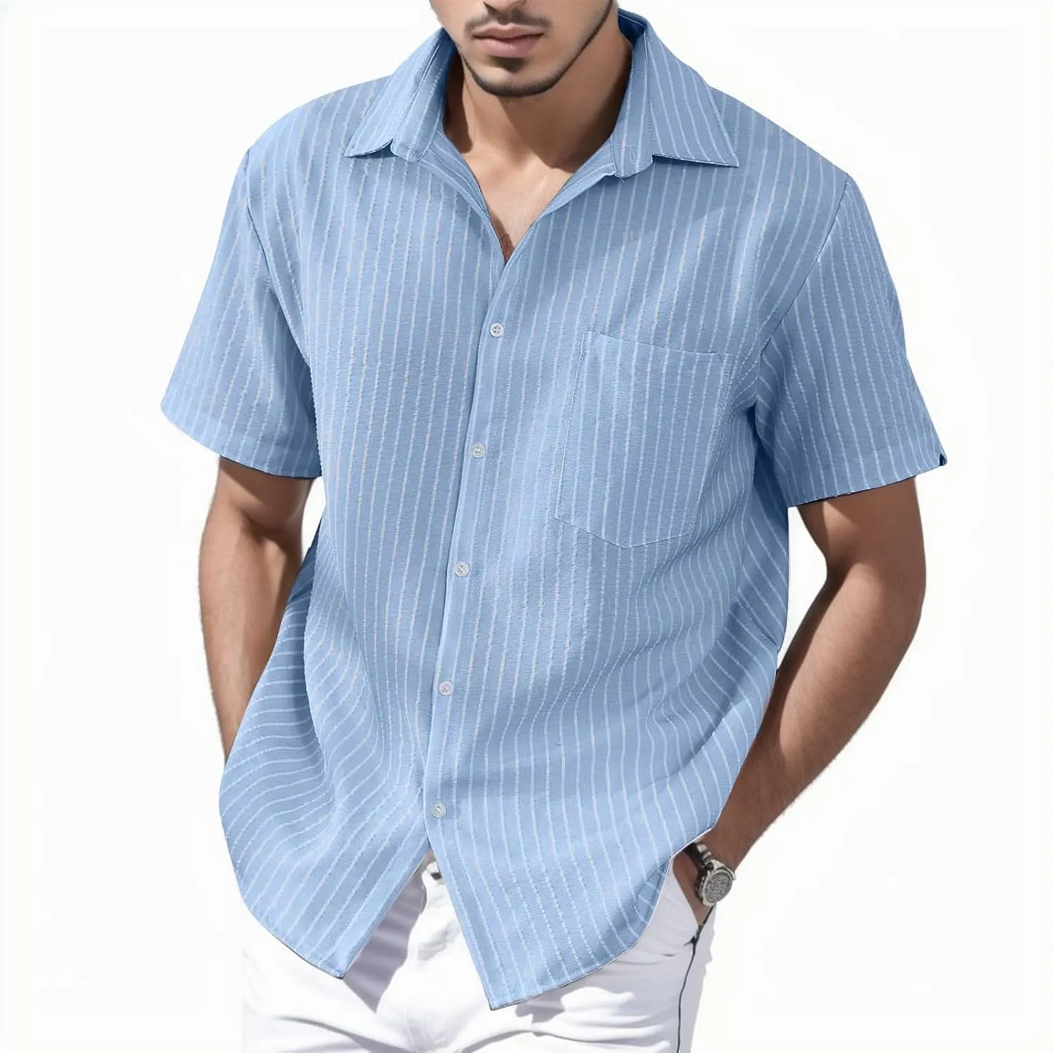 Linen Shirts for Men Men's Summer Casual Classice Short Sleeve Solid Button Down Shirts Dress Shirts with Pockets Top