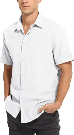 Linen Shirts for Men Men's Summer Casual Classice Short Sleeve Solid Button Down Shirts Dress Shirts with Pockets Top