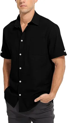 Linen Shirts for Men Men's Summer Casual Classice Short Sleeve Solid Button Down Shirts Dress Shirts with Pockets Top