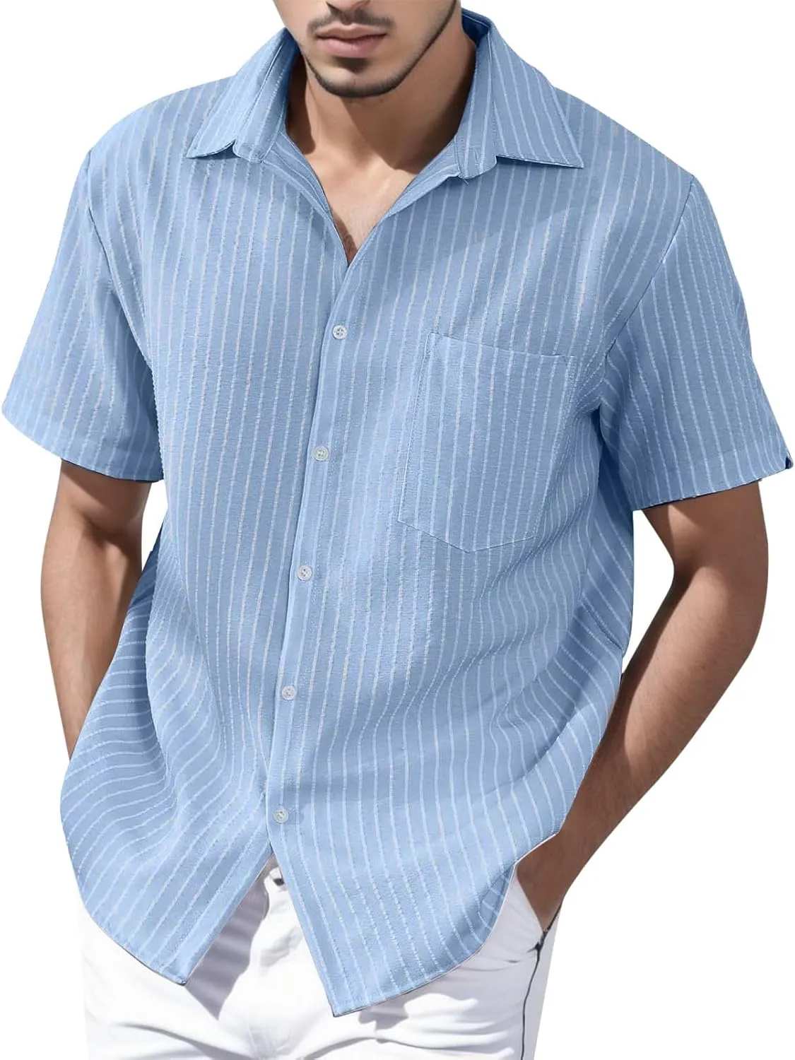Linen Shirts for Men Men's Summer Casual Classice Short Sleeve Solid Button Down Shirts Dress Shirts with Pockets Top