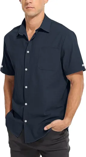 Linen Shirts for Men Men's Summer Casual Classice Short Sleeve Solid Button Down Shirts Dress Shirts with Pockets Top
