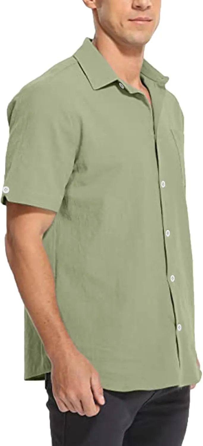 Linen Shirts for Men Men's Summer Casual Classice Short Sleeve Solid Button Down Shirts Dress Shirts with Pockets Top