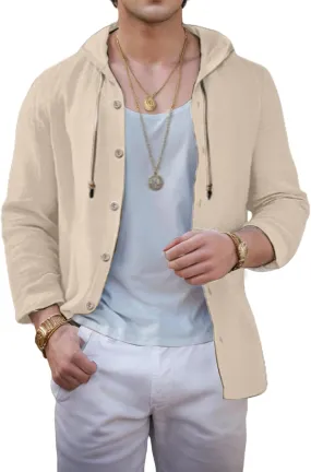 Linen Shirts for Men with Hood Casual Button Shirts Long Sleeve Shirts Cotton Linen Hoodie Summer Beach Shirts Tops